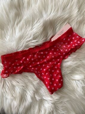 NWT Victoria's Secret Red Mesh Thong with Pink Heart Print